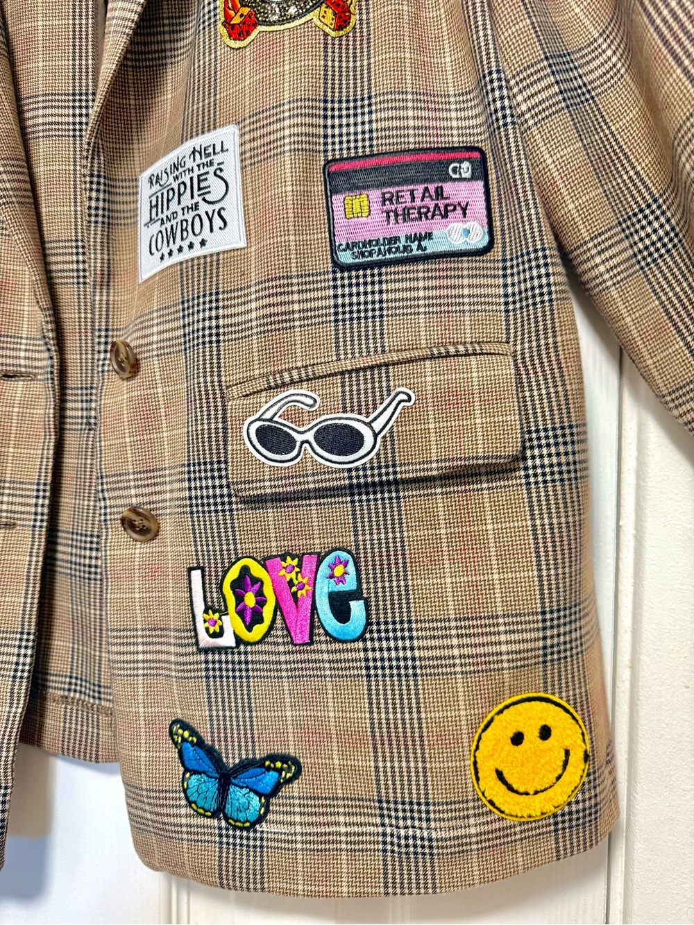 Old Navy Tan Plaid Blazer with Colorful Patchwork - Picture 8 of 12